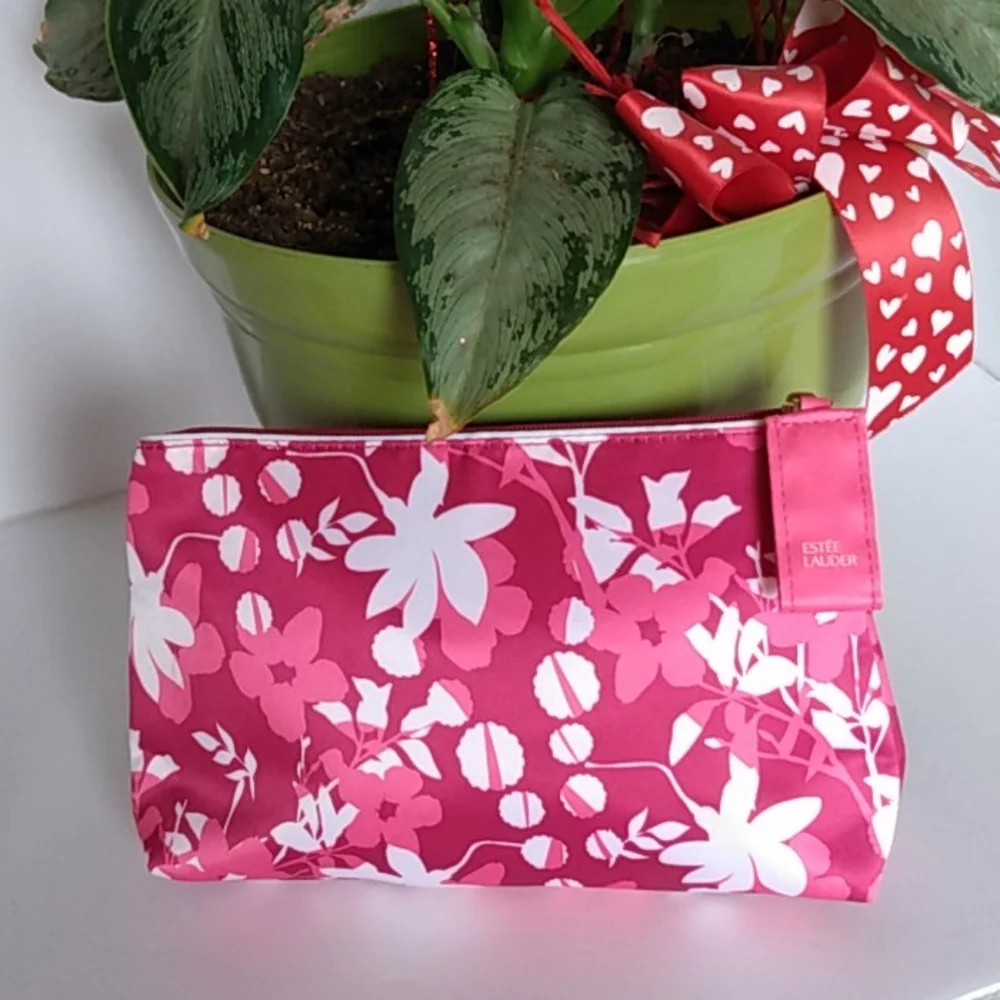 *Estee Lauder Cosmetic Bag Pink Floral Print‎ Makeup Pouch Zipper Pouch